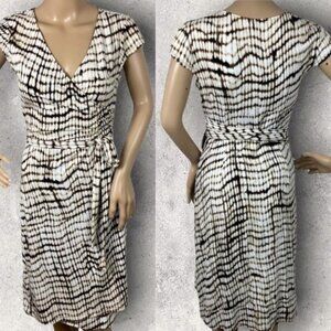 Ann Taylor Animal Print Wrap Dress Midi Belt Tie‎ Waist XS Brown White V-Neck